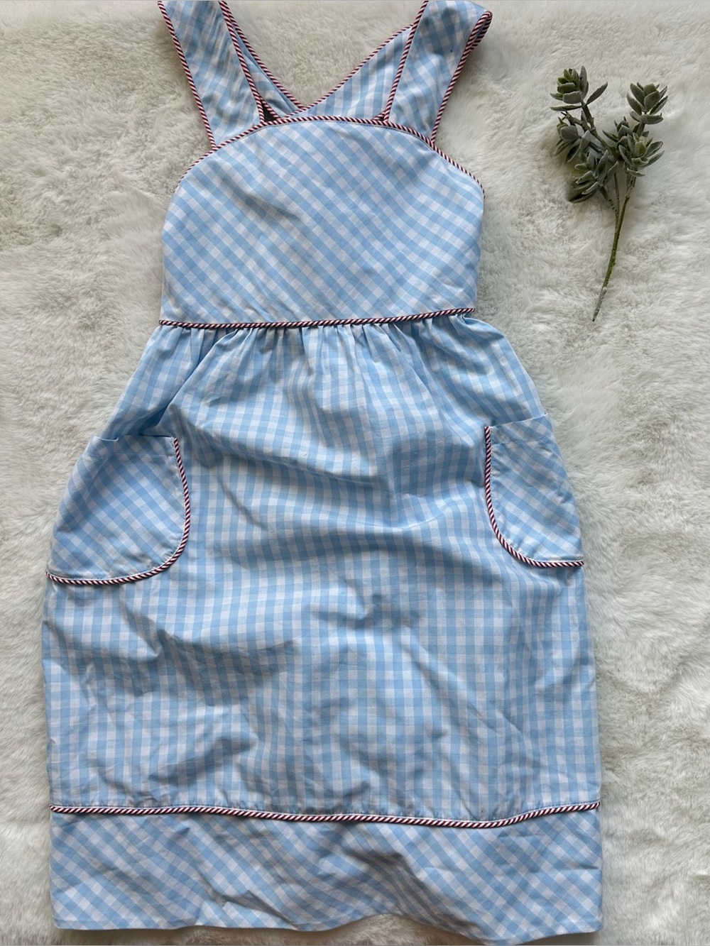 Shrimp & Grits | EUC - Blue Gingham Dress with Red Tie and Trim - Size 7